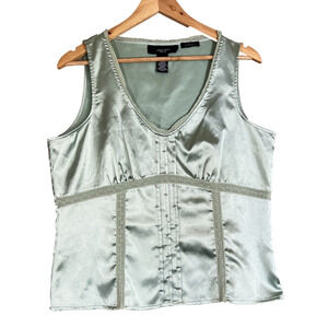 Satin Babydoll Tank Women 14P Pale Green Lace Bead Bling Fairy Coquette Romantic